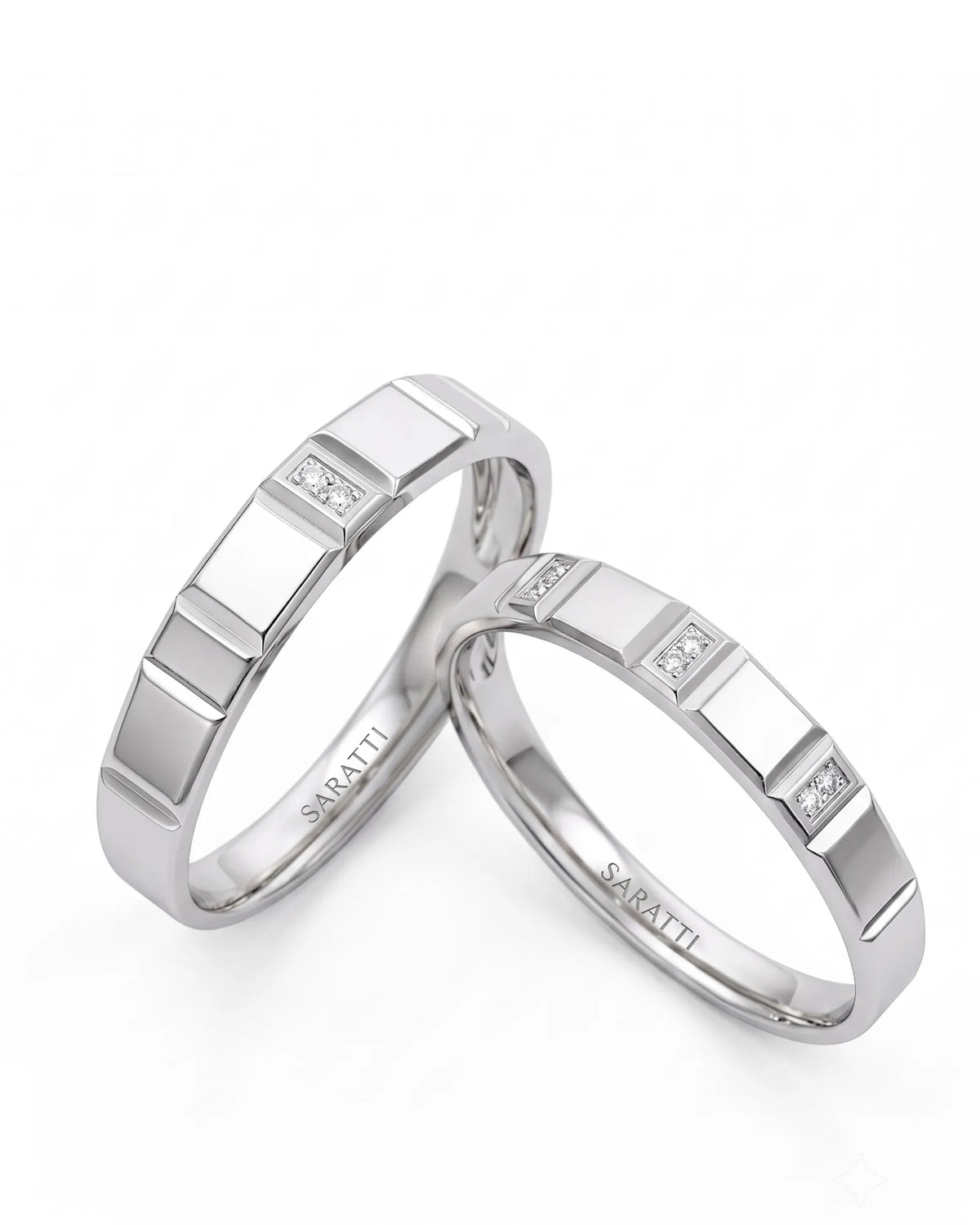 Midnight matching diamond wedding rings with refined polished design in platinum | SARATTI
