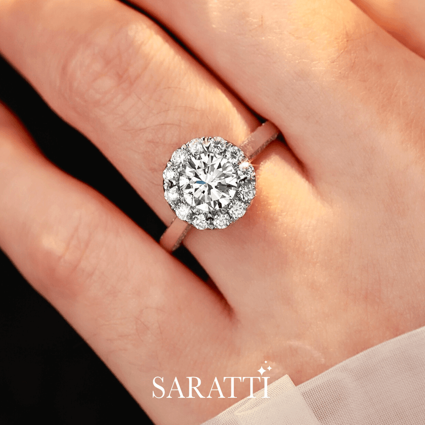 18K white gold prong set diamond halo ring