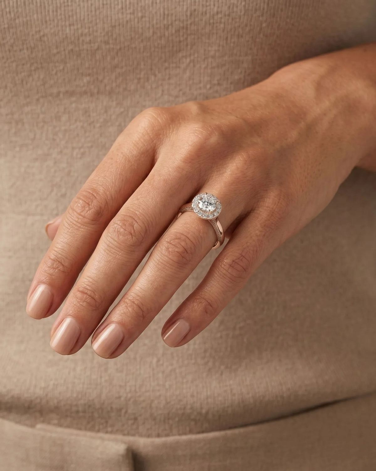 Mina Ethereal Halo natural diamond ring rear gallery view with pavé shoulders in 18K rose gold | SARATTI
