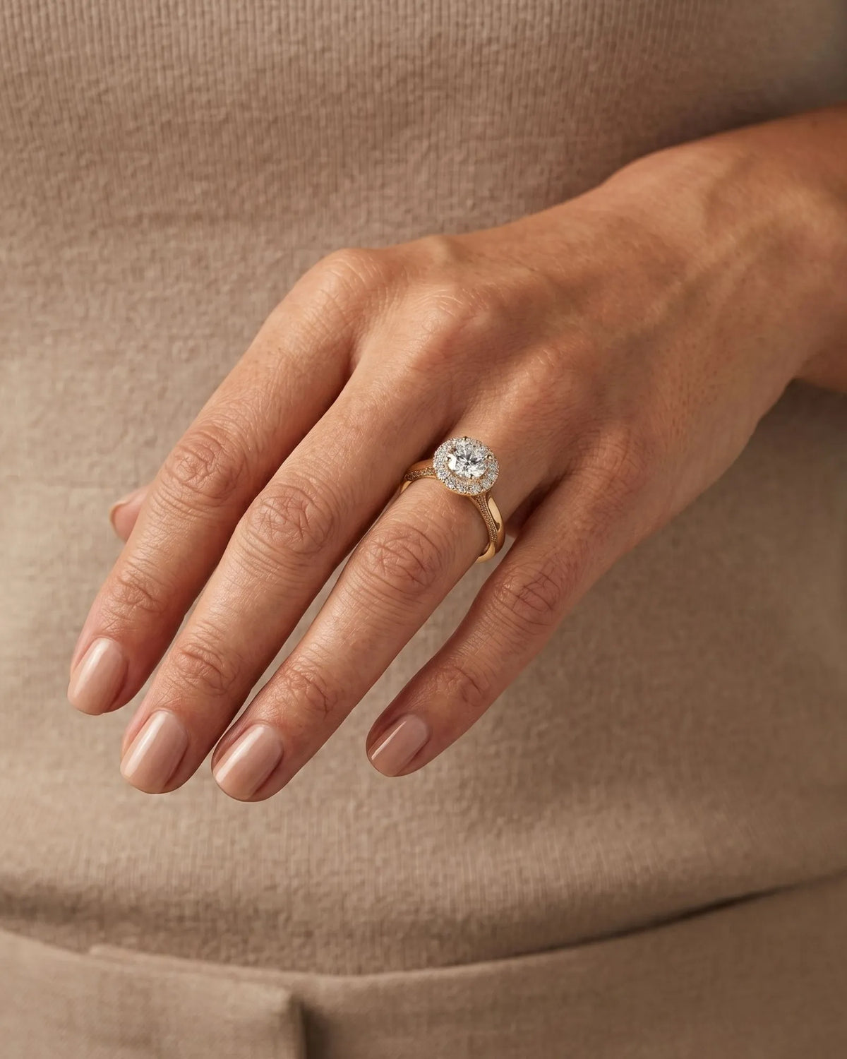 Mina Ethereal Halo natural diamond ring side profile with round halo and pavé band in 18K yellow gold | SARATTI
