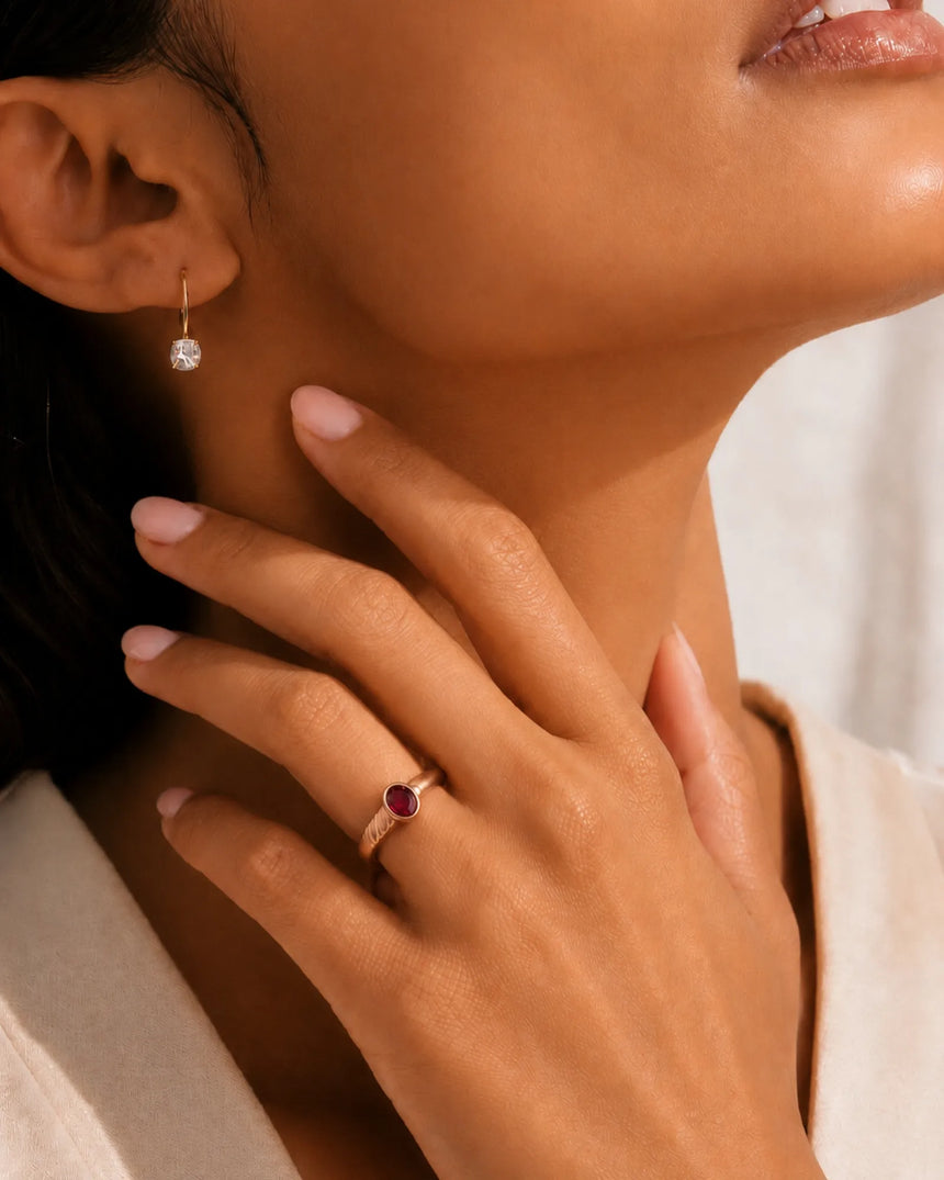 Minimalist ruby gift ring in 18K rose gold with smooth bezel setting | SARATTI