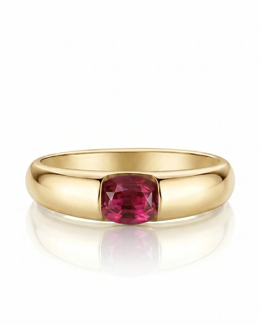 Minimalist ruby ring with floating cushion gemstone design in 18K yellow gold | SARATTI