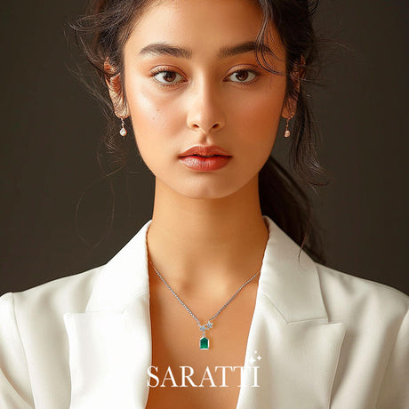 Model wears the Esprit de Nature Emerald & Diamond Pendant | Saratti
