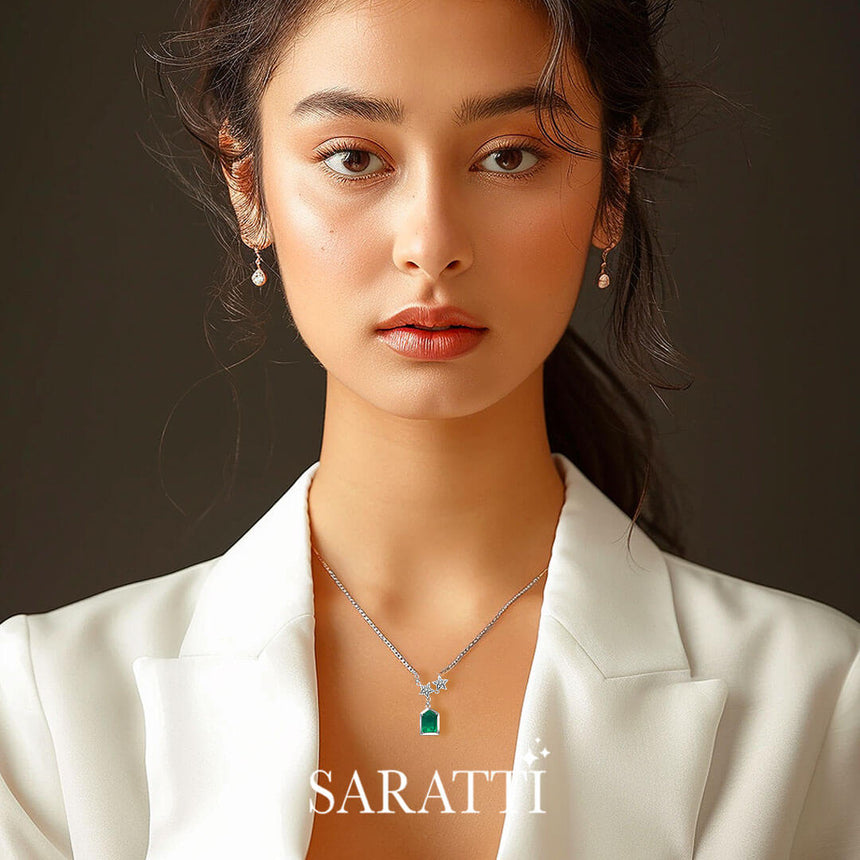 Model wears the Esprit de Nature Emerald & Diamond Pendant | Saratti