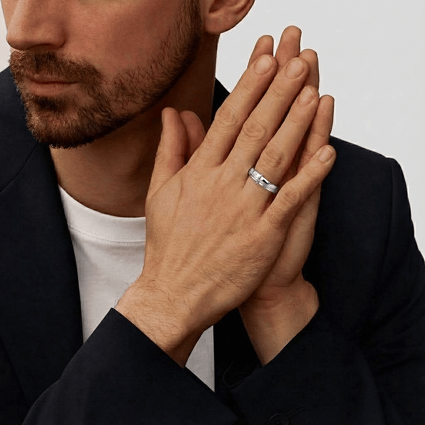 Model wearing the Love Notes Men’s Diamond Wedding Band in Platinum – SARATTI