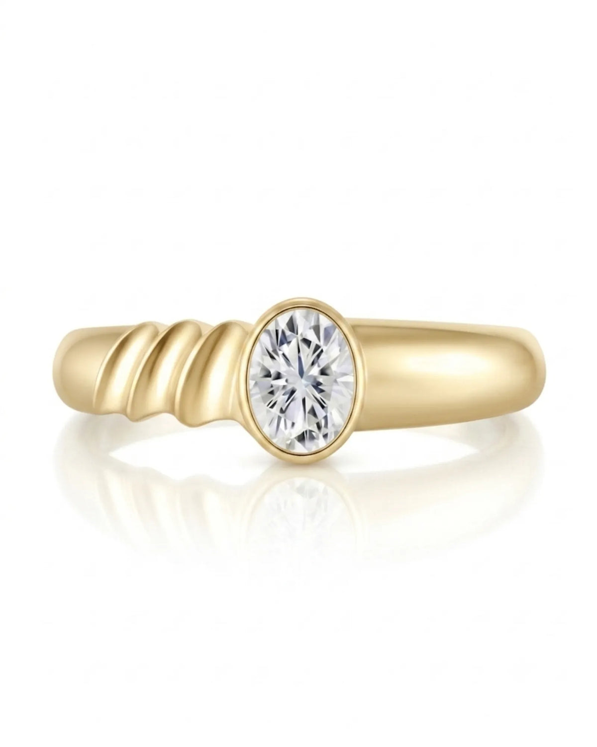 Modern bezel set moissanite ring with triple wave shank in polished 18K yellow gold | SARATTI