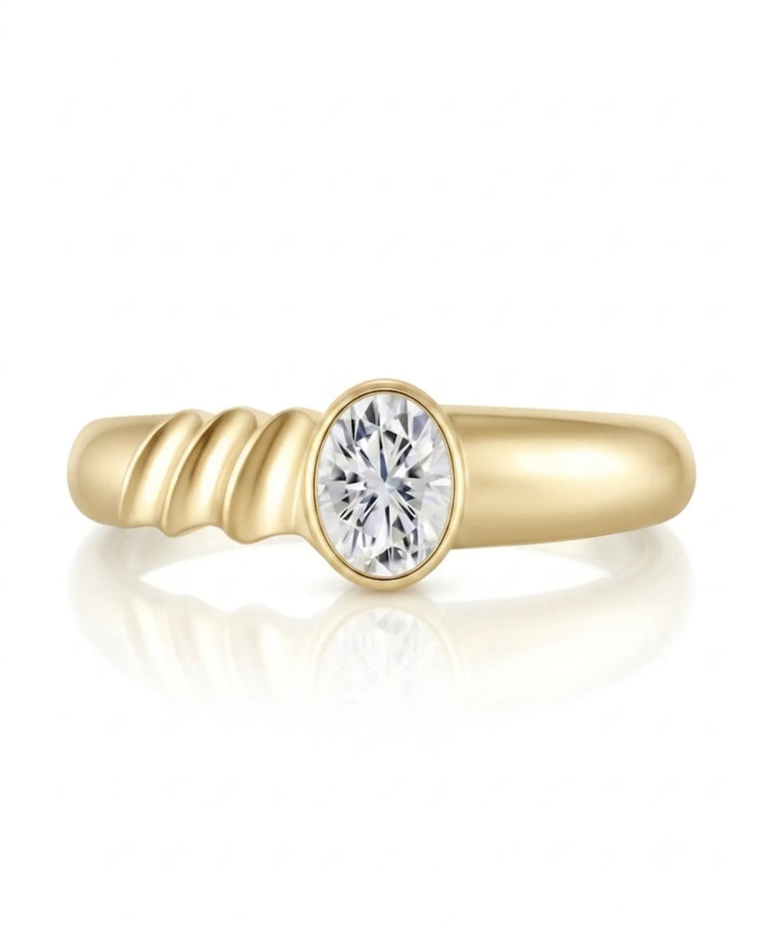 Modern bezel set moissanite ring with triple wave shank in polished 18K yellow gold | SARATTI