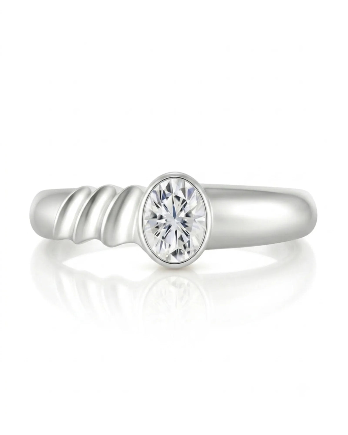 Modern bezel set moissanite ring with triple wave shank in polished platinum | SARATTI
