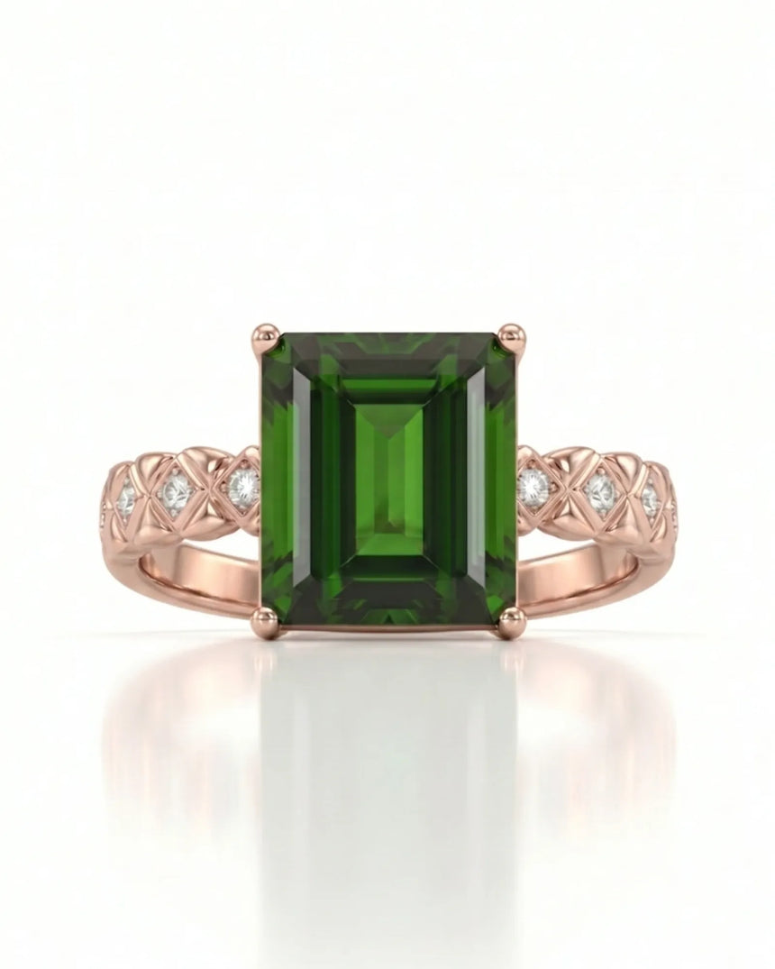 Modern green tourmaline diamond ring with step-cut center stone in 18K rose gold | SARATTI