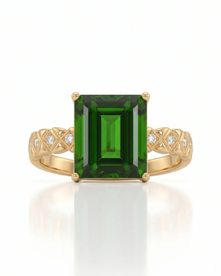 Modern green tourmaline diamond ring with step-cut center stone in 18K yellow gold | SARATTI