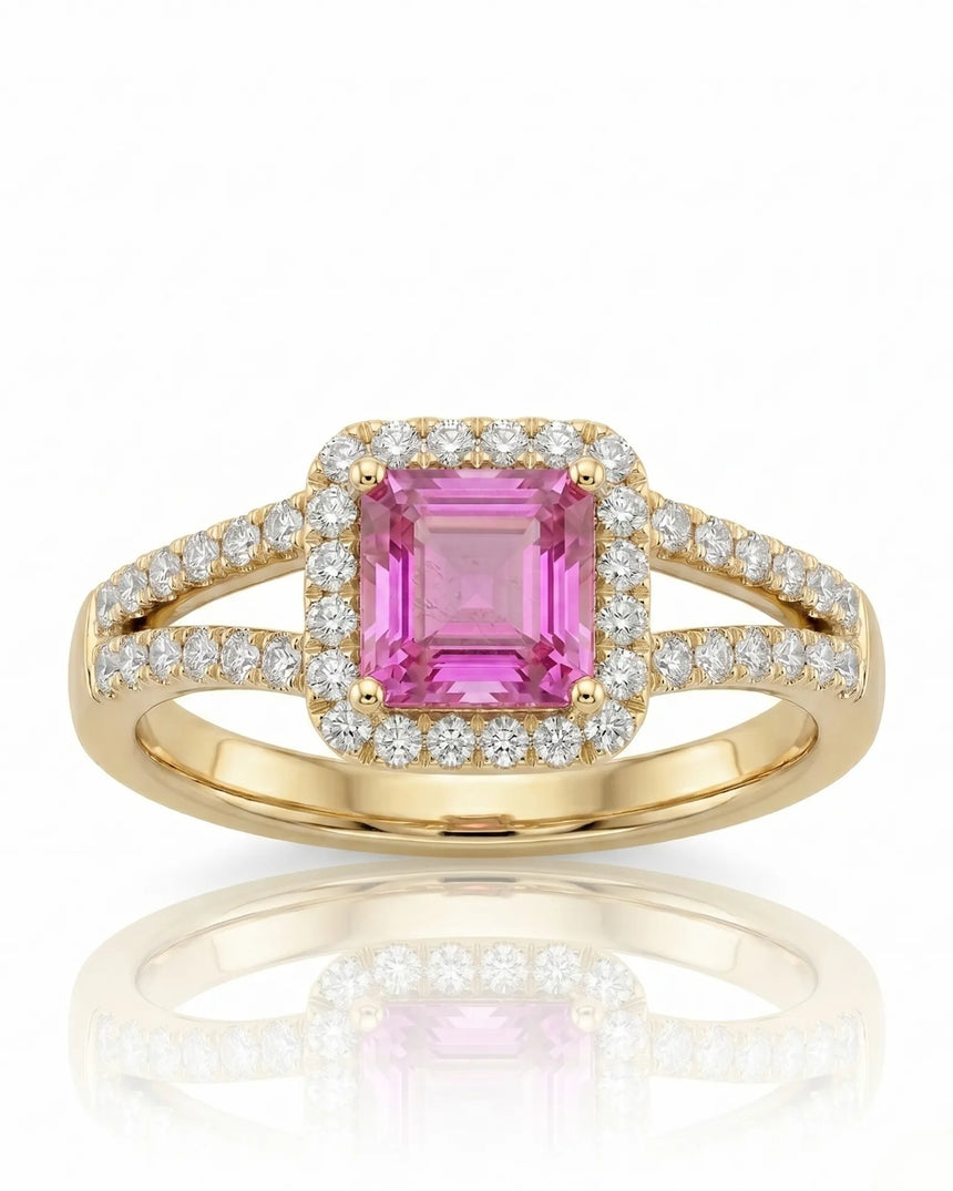 Modern purple sapphire ring with round diamond halo in warm yellow gold | SARATTI