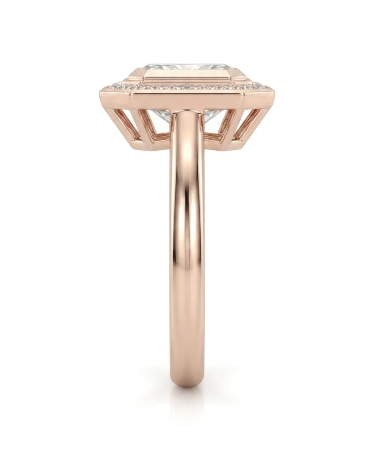 Modern radiant moissanite engagement ring with halo accents in polished 18K rose gold | SARATTI
