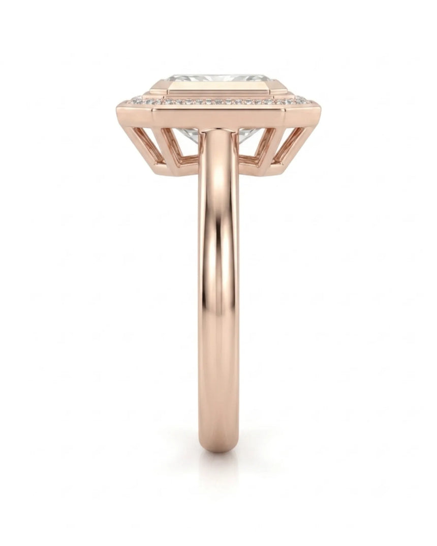 Modern radiant moissanite engagement ring with halo accents in polished 18K rose gold | SARATTI