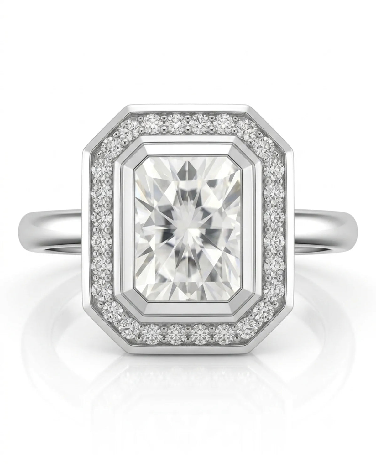 Modern radiant moissanite engagement ring with halo accents in polished 18K white gold | SARATTI