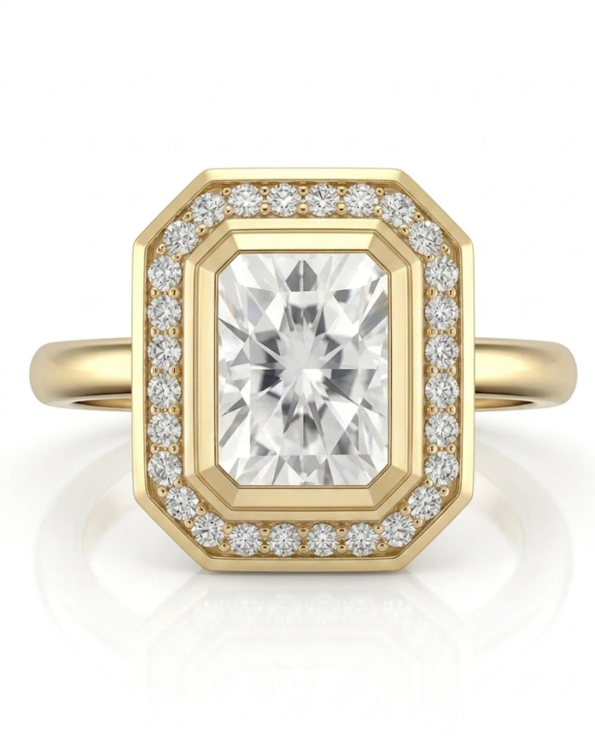 Modern radiant moissanite engagement ring with halo accents in polished 18K yellow gold | SARATTI
