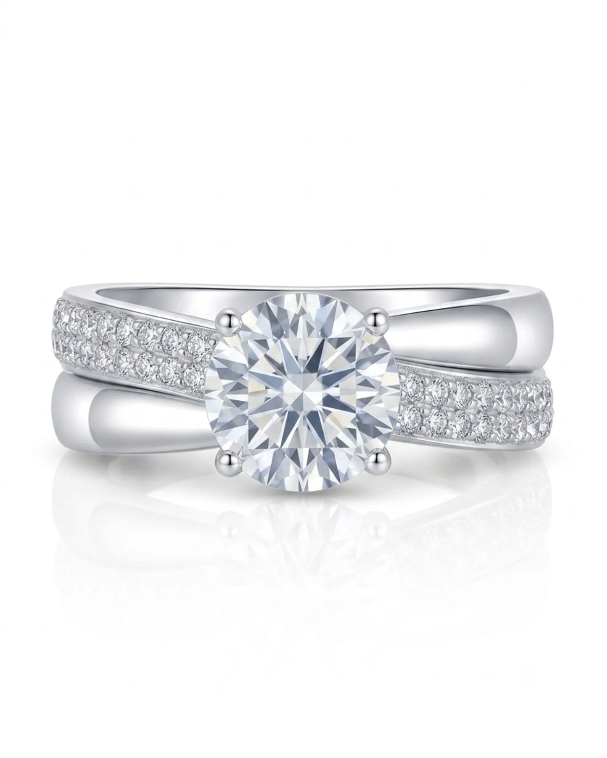 Modern round moissanite proposal ring with wide intertwined shoulders in polished platinum | SARATTI