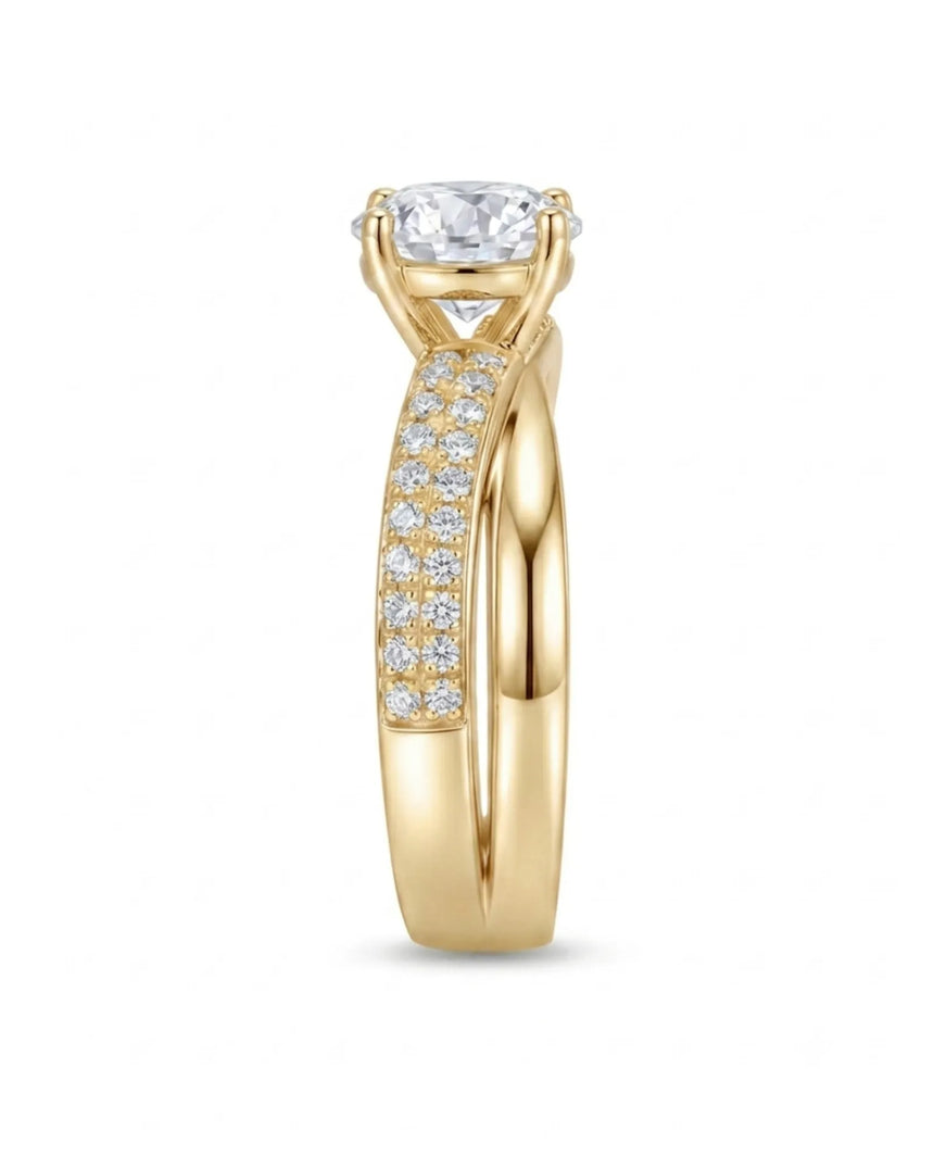 Modern round moissanite proposal ring with wide intertwined shoulders in warm 18K yellow gold | SARATTI