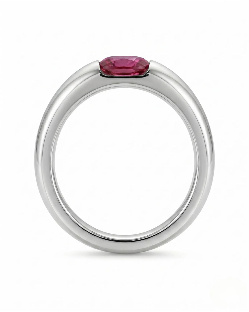 Modern ruby engagement ring with tension set center stone in 18K white gold | SARATTI