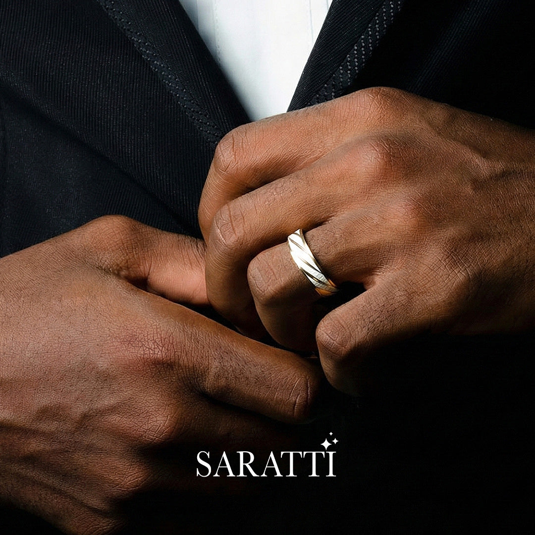 Modern swirl men’s wedding band 18k yellow white gold brushed center | SARATTI