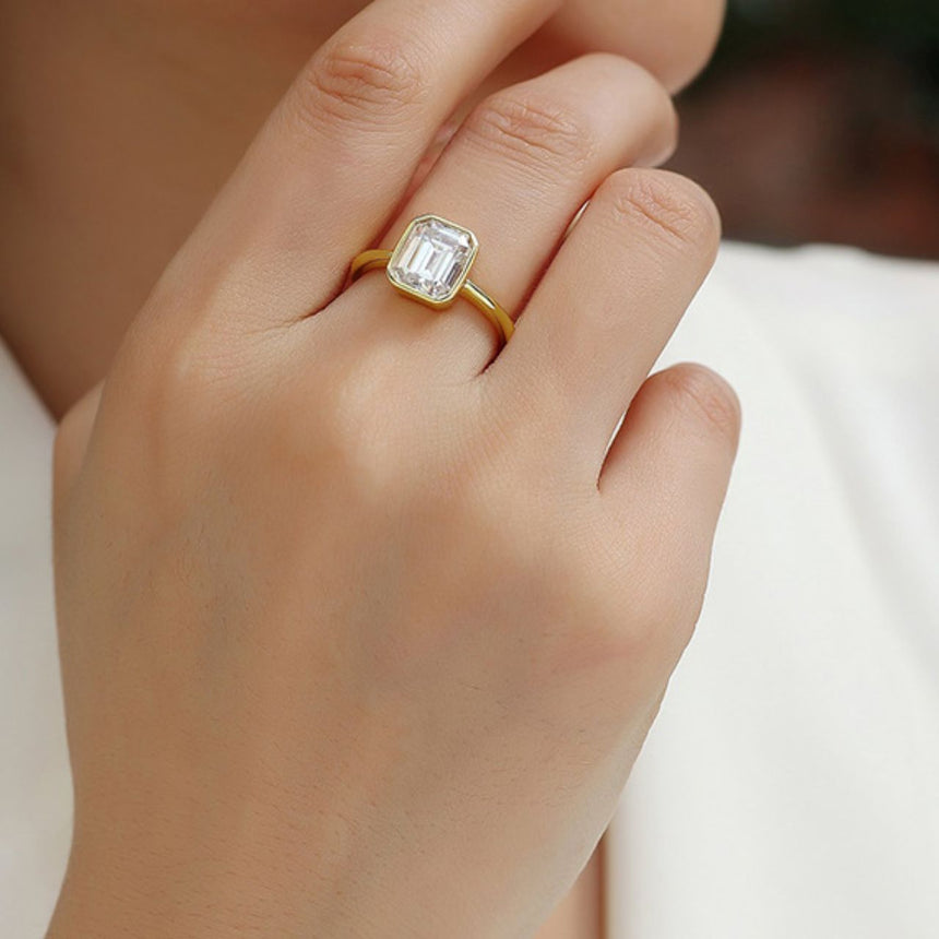 Golden Horizon: 2-Carat Natural Diamond Emerald Cut Bezel Ring