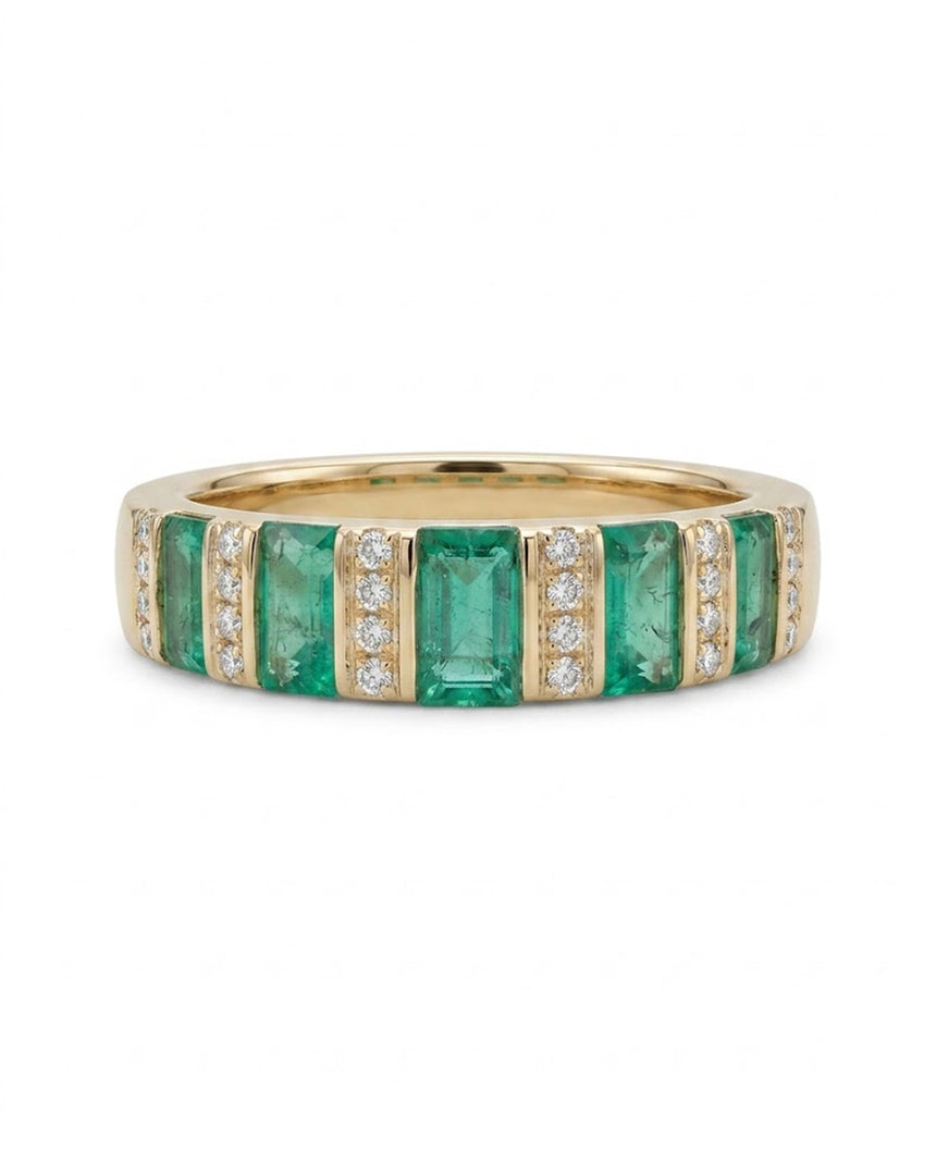 Mosaic Accord Natural Emerald & Diamond Band Ring Yellow Gold