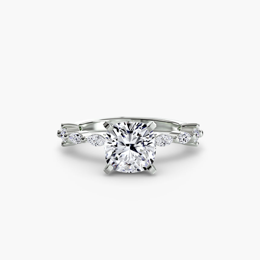 Cushion cut pavé cathedral engagement ring setting white gold | SARATTI