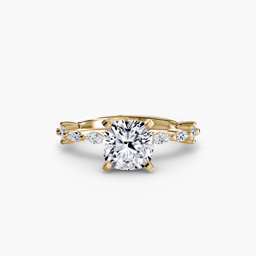 Cushion cut pavé cathedral engagement ring setting yellow gold | SARATTI