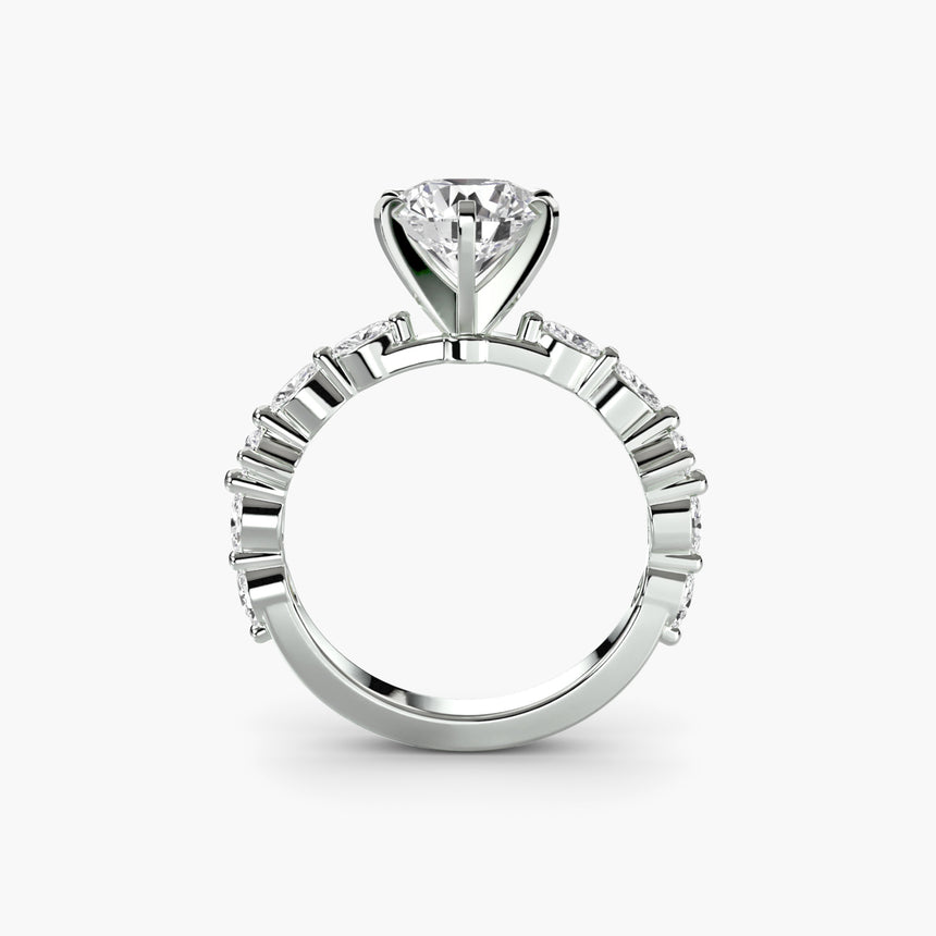 Elevated pavé cathedral solitaire ring setting white gold side profile | SARATTI