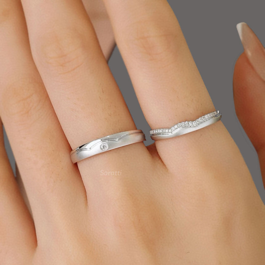 Model Wearing White Gold Half Eternity Diamond Band Wedding Set | Saratti