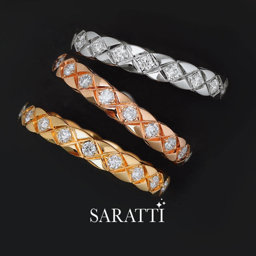 18K White, Yellow and Rose Gold Hot Cross Diamond Eternity Bands Stacked | Saratti