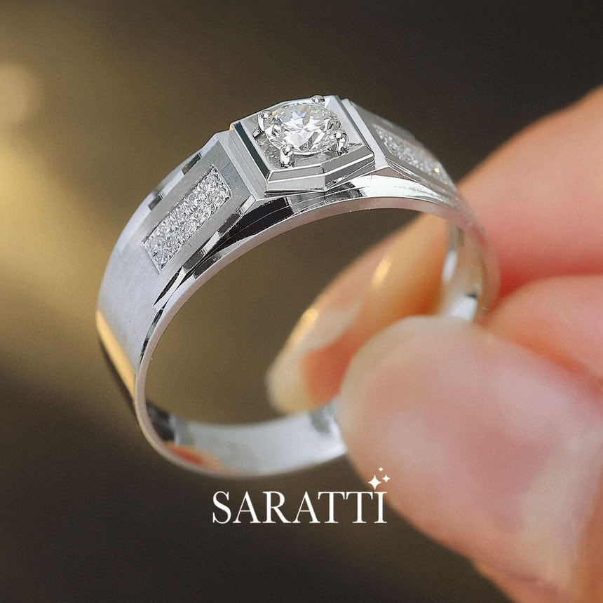 Model Holds the White Gold Six Paths Echelon Diamond Ring for Men | Saratti