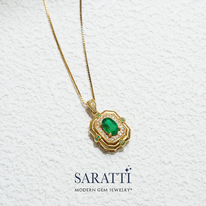 18K Yellow Gold Midori Natural Emerald and Diamonds Necklace in 18K Yellow Gold | Saratti Jewelry
