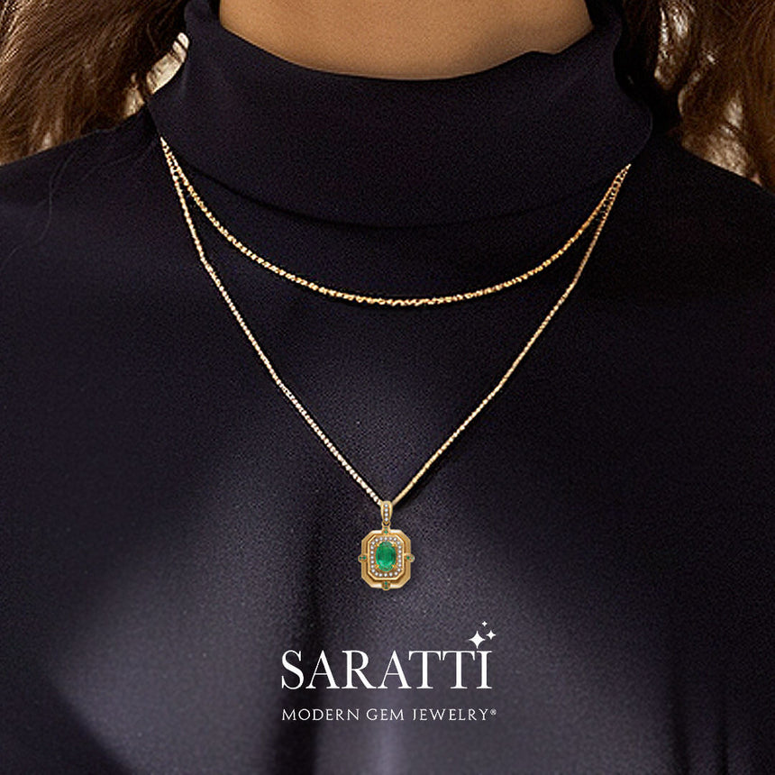 Vintage Inspired Natural Emerald and Diamonds Midori Fortress Necklace in 18K Yellow Gold | Saratti