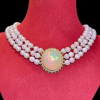 Aurora's Treasure - Triple Strand Akoya Pearl & Opal Statement Necklace