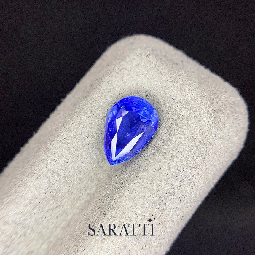 Natural 2.06 carat pear sapphire vivid blue tone top view | SARATTI