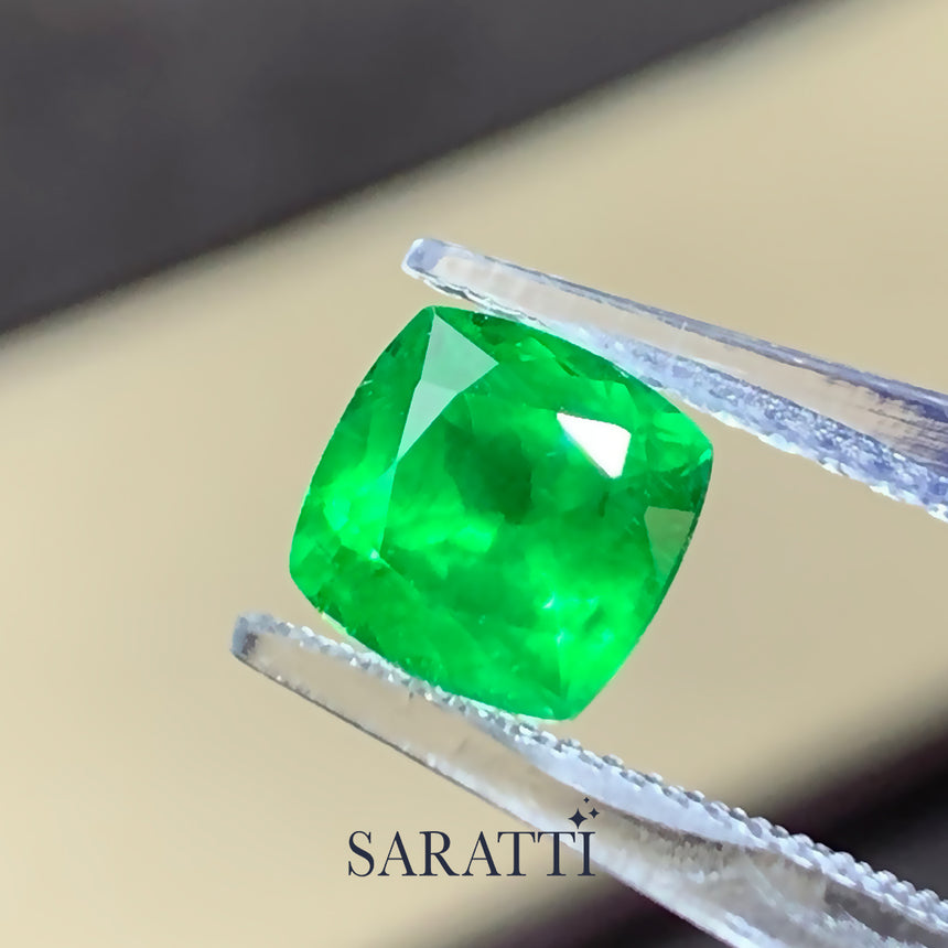 Natural 2.06 carat tsavorite vivid green cushion cut top view | SARATTI