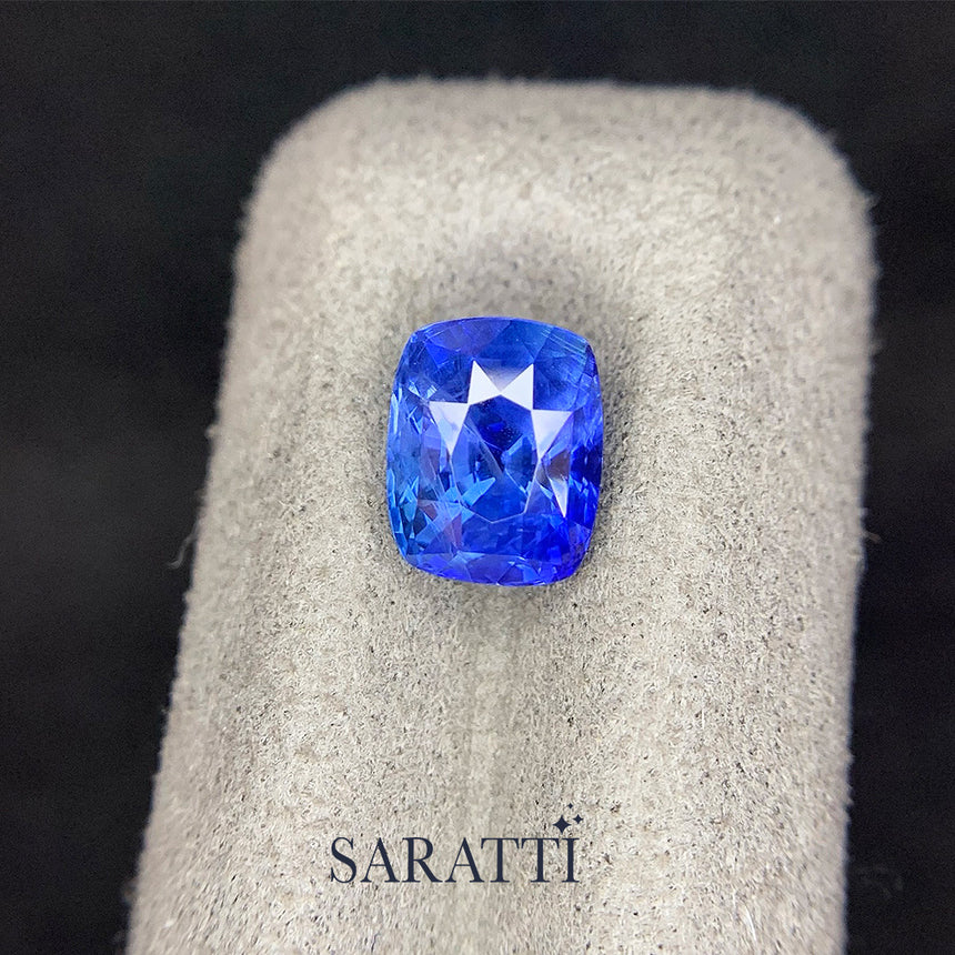 Natural 3.13 carat cushion sapphire vivid blue tone top view | SARATTI