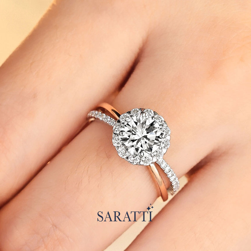 Natural Diamond Halo Ring in White and Rose Gold | Saratti
