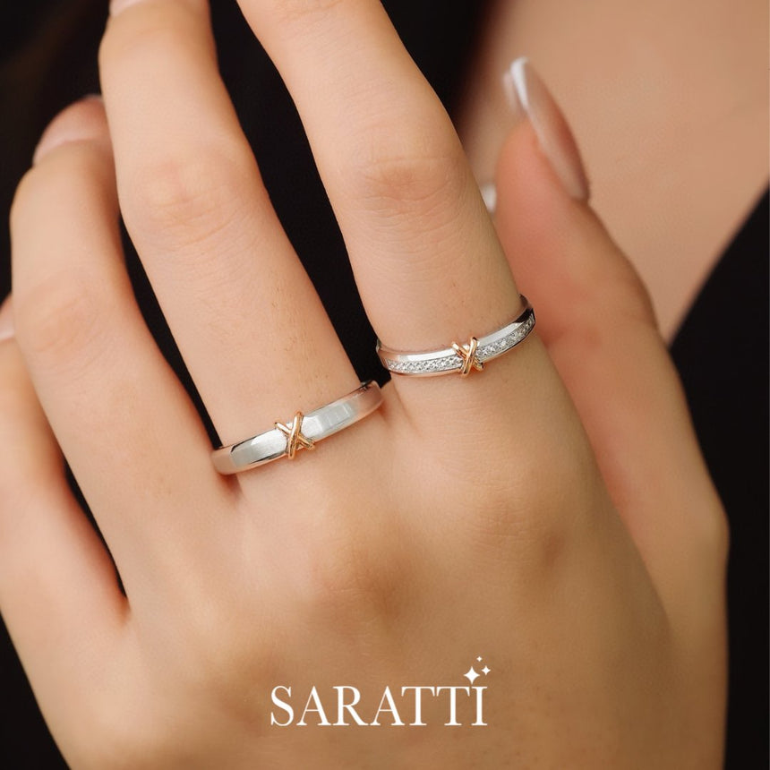 Natural Diamond X Infinity Design Matching Wedding Band In 18K White and Rose Gold | Saratti