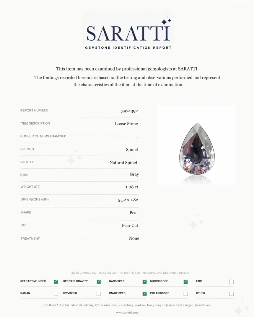 Natural Gray Spinel pear top view with visible facet structure | SARATTI