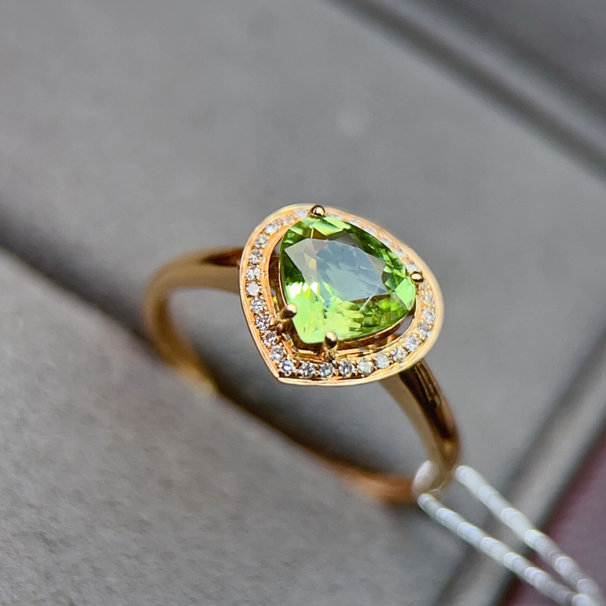 Natural Green Tourmaline Halo Ring in 18K Yellow Gold | SARATTI