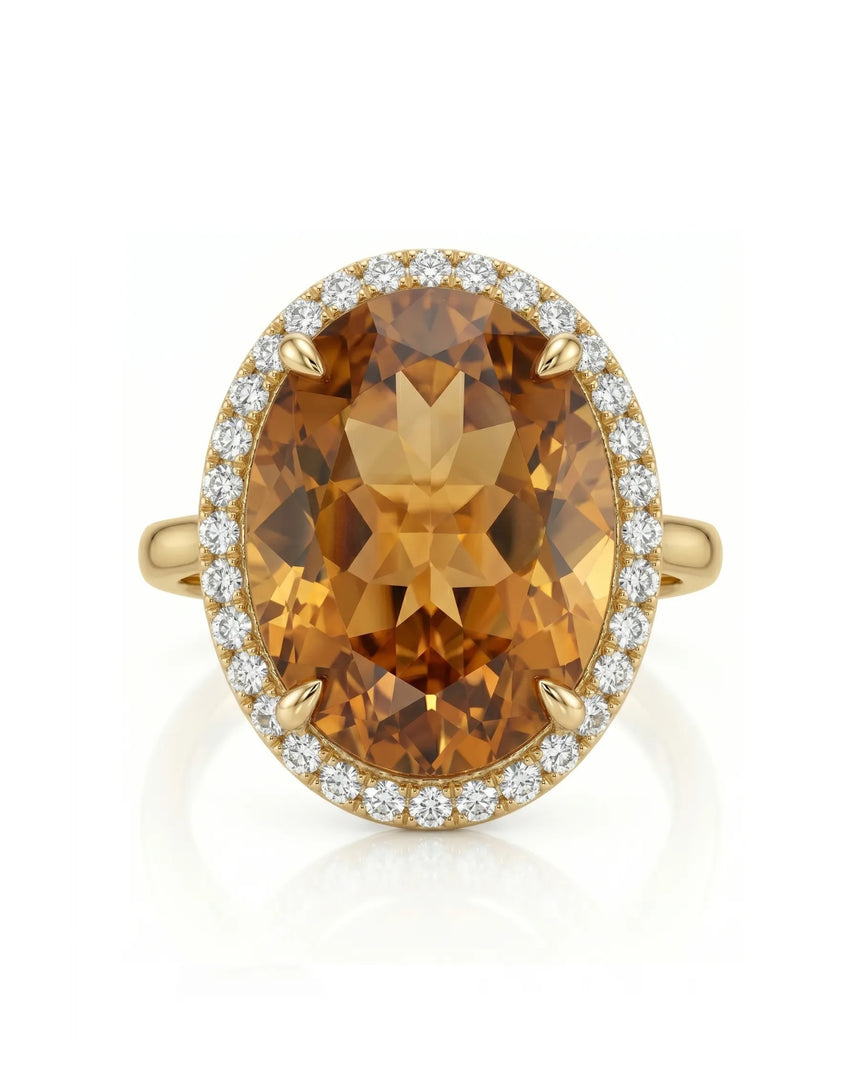 Natural Imperial Topaz 13.40ct halo ring top view yellow gold | SARATTI