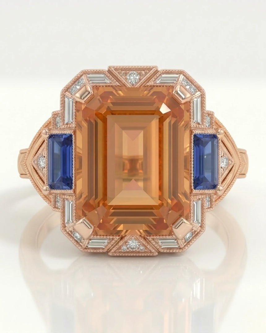 Natural Imperial Topaz setting-only design with Art Deco diamond halo - SARATTI