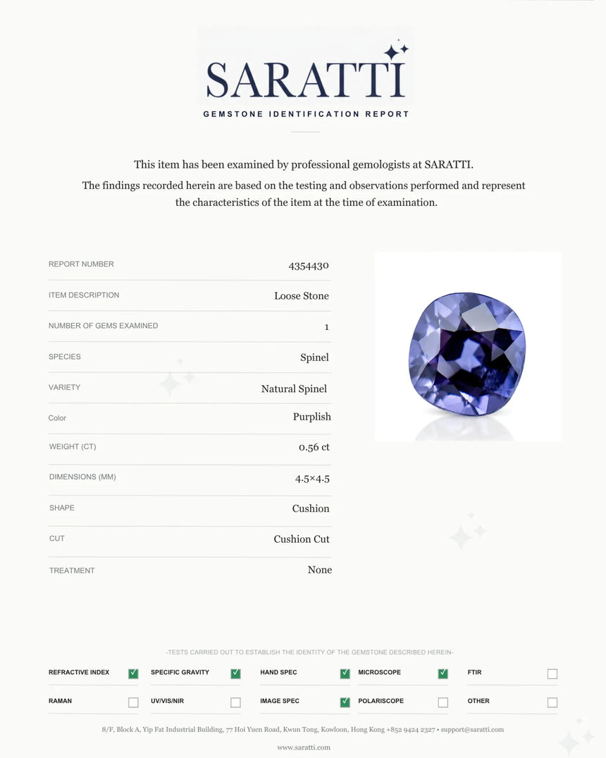 Natural Purplish Spinel cushion-cut loose gemstone close-up - SARATTI