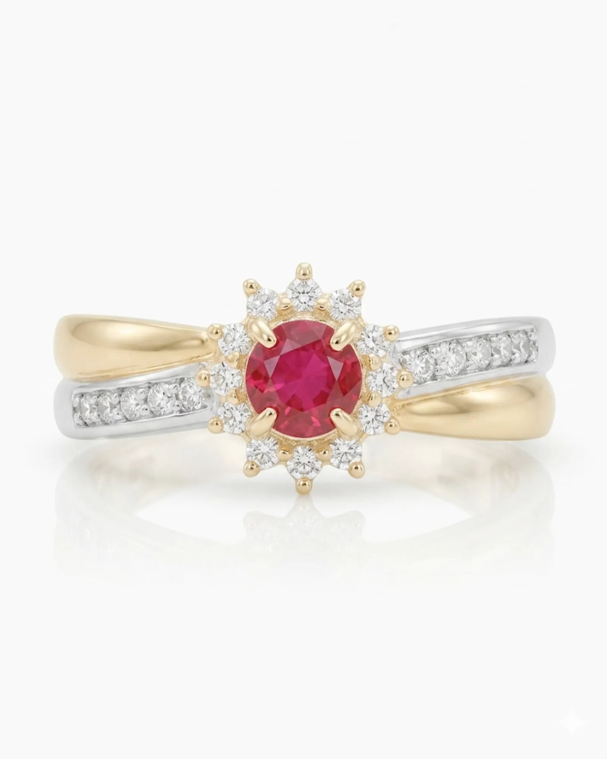 Natural Ruby Halo Ring with Diamonds in 18K White & Yellow Gold | SARATTI