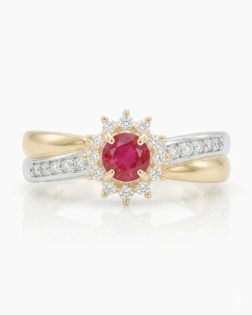 Natural Ruby Halo Ring with Diamonds in 18K White & Yellow Gold | SARATTI