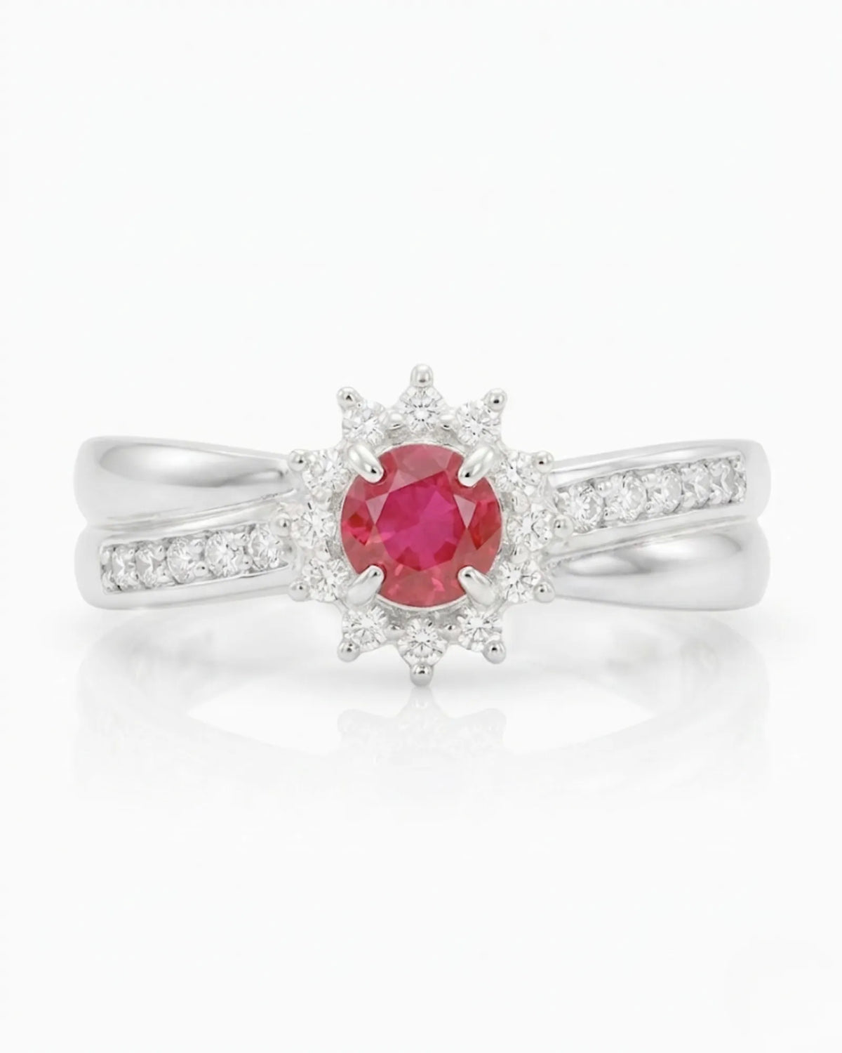 Luxury Ruby and Diamond Halo Ring in Platinum | SARATTI