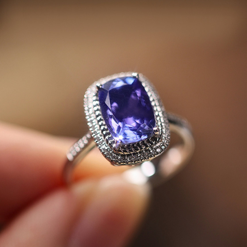 Natural Tanzanite Ring with Diamond Halo | SARATTI