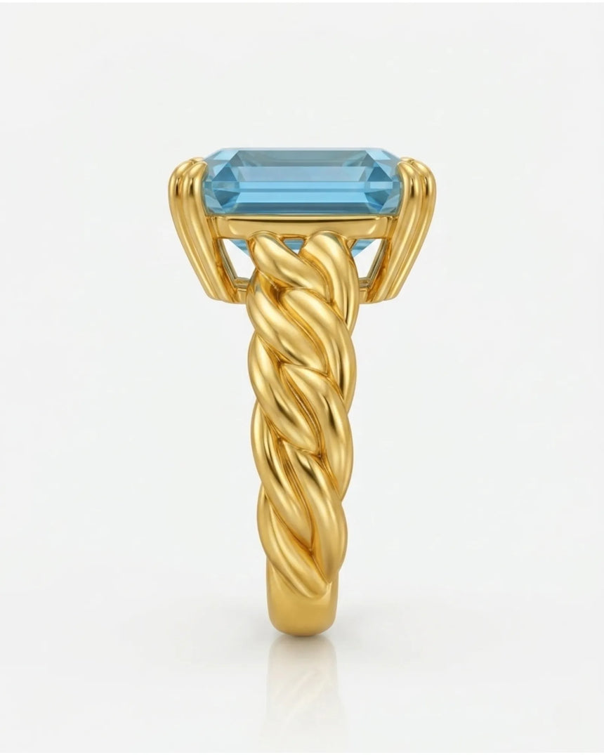 Natural aquamarine ring with 5 carat Asscher cut gemstone in 18K yellow gold | SARATTI
