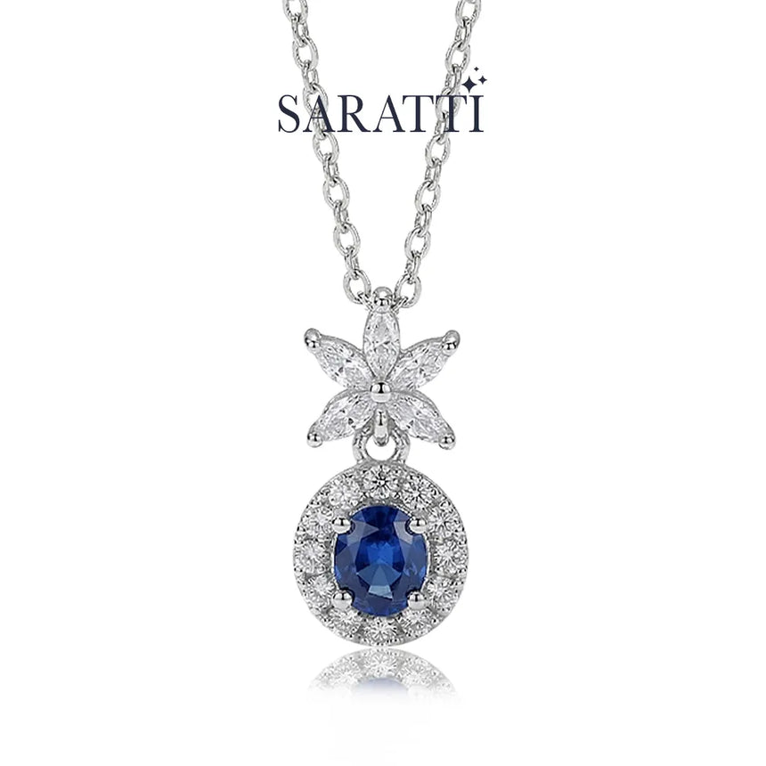 Natural blue sapphire necklace with halo pendant design | SARATTI